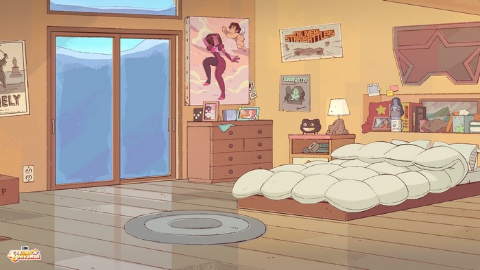Steven Universe bedroom with posters and bed