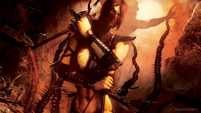 Skarlet from Mortal Kombat holding swords