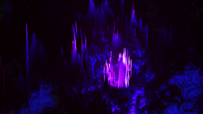 Abstract 3D digital cave with purple and blue lights