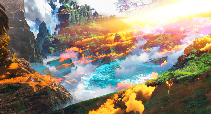 Fantasy landscape with floating islands and vibrant colors