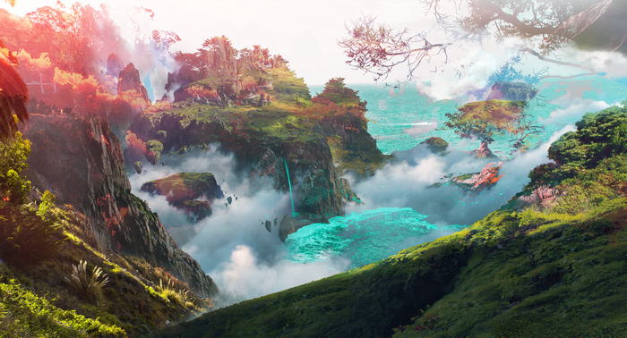 Floating islands with waterfalls and sea