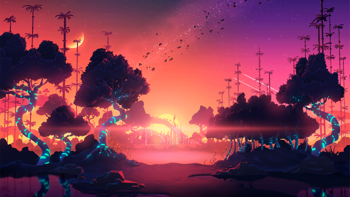 Alien landscape with glowing trees and a crescent moon