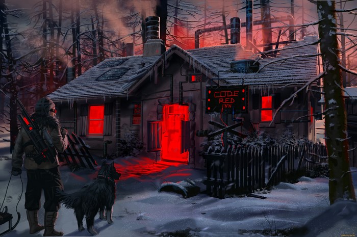 Soldier and dog at a snowy Code Red Inn