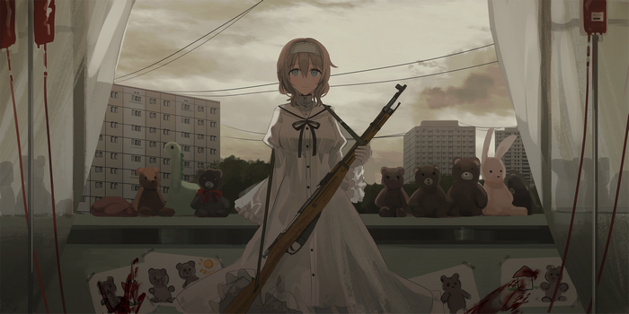 Anime girl with rifle and teddy bears