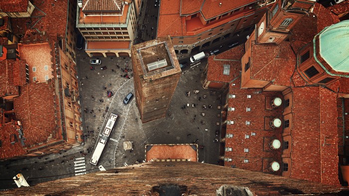 Aerial view of Bologna, Italy with towers and buildings