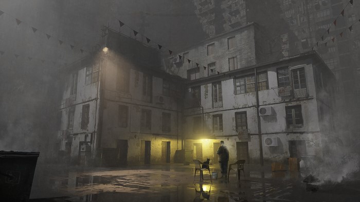 Man and dog in a dark, wet courtyard at night