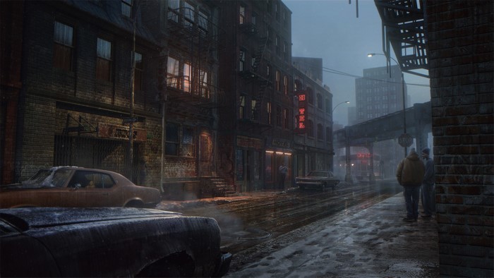 Urban street scene with hotel and cars in winter