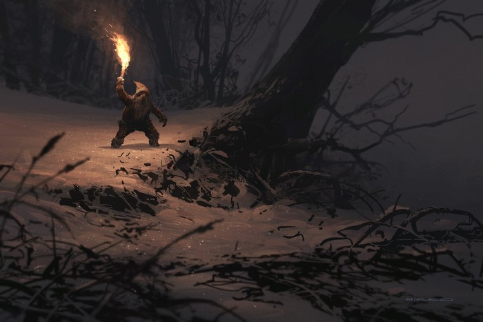 A lone figure with a torch in a snowy forest at night