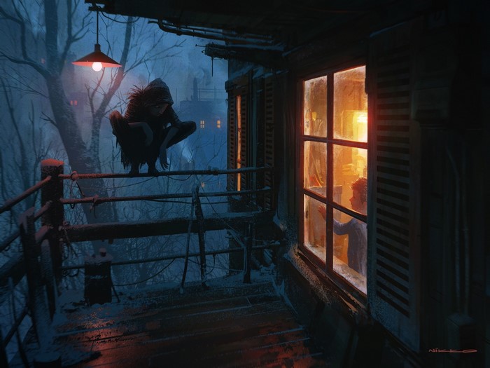 Creepy figure on balcony watches boy through window at night