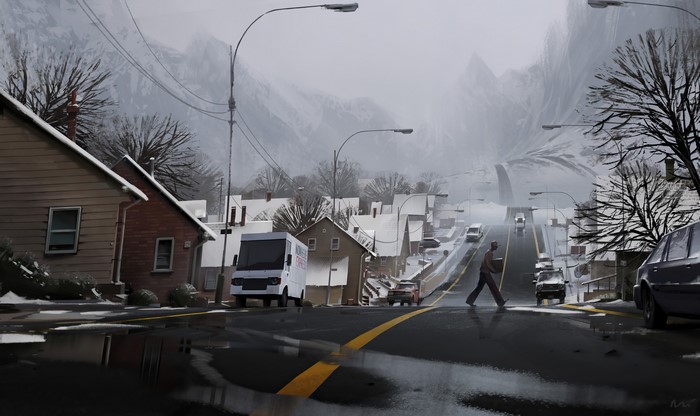 Winter town with mountains and a person walking