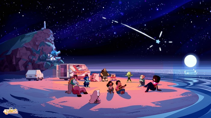 Steven Universe characters on a beach at night