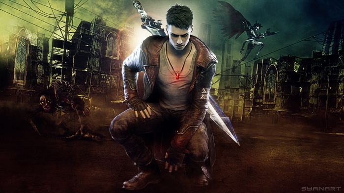 Dante from DmC Devil May Cry in a ruined city