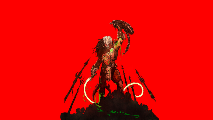 Predator holding an Alien head with spears on red background