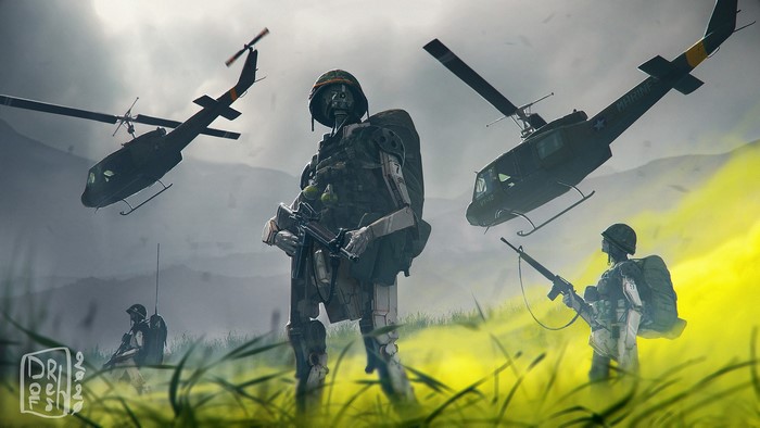 Robotic soldiers and helicopters in a jungle environment