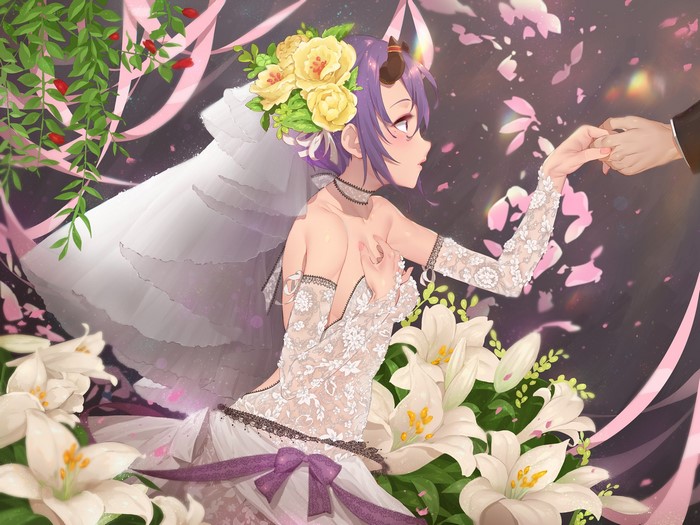 Anime bride with horns and flowers holding a hand