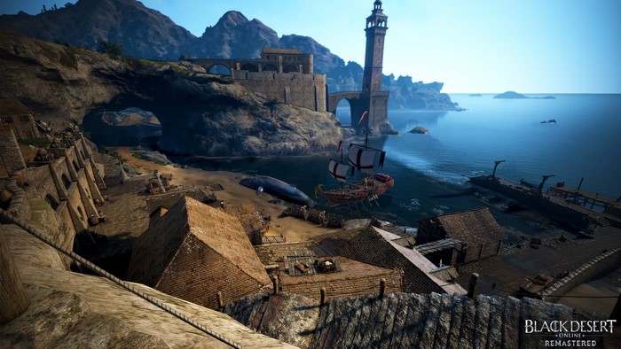 Black Desert Online screenshot of a coastal town with a lighthouse and ship