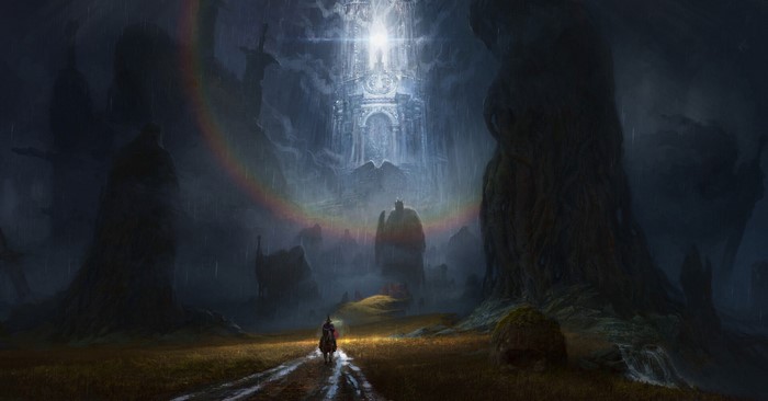 Fantasy art of a knight on horseback approaching a glowing castle