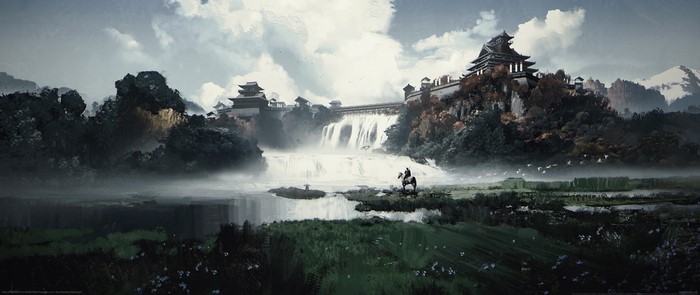 Castle and waterfall with a person on horseback, Ghost of Tsushima