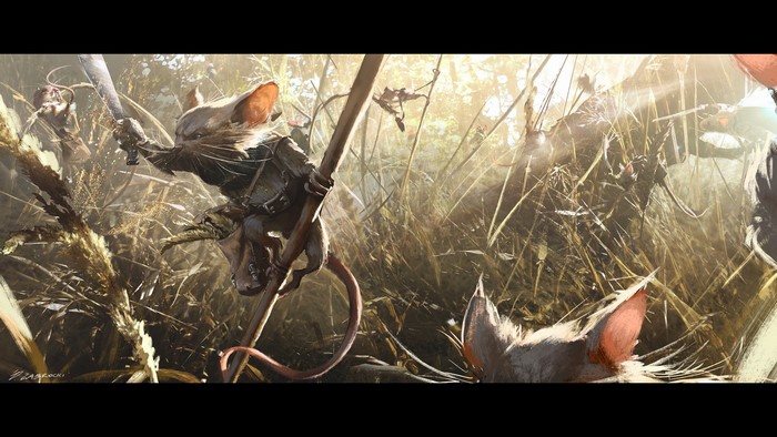 Anthropomorphic mice warriors in a sunlit forest