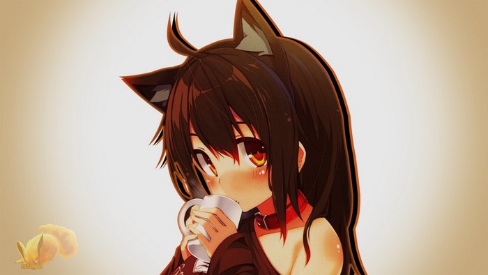 Anime girl with neko ears drinking coffee