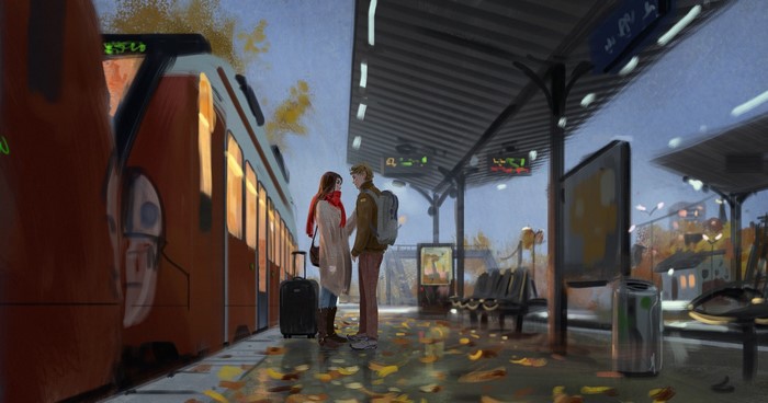 Couple at a train station by Johannes Voss