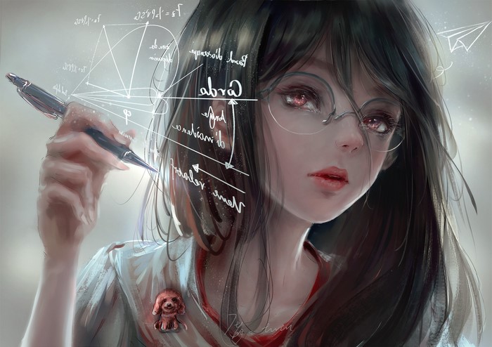 Girl with glasses and red eyes writing with a pen