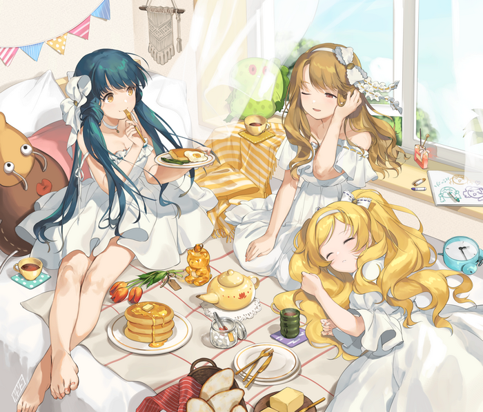Anime girls having breakfast in a room
