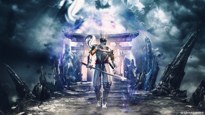 Ryu Hayabusa in front of a Torii gate