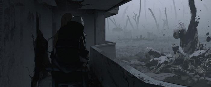 Two figures in a ruined city