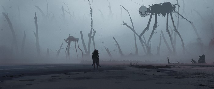 Two figures in a misty landscape with robotic creatures