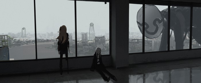 Anime artwork of two girls and a giant creature