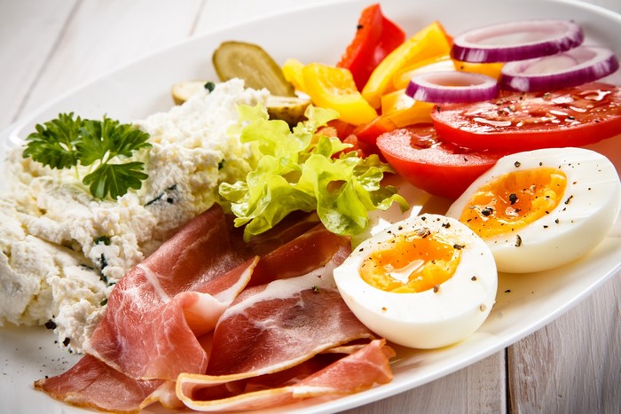 Plate of breakfast with eggs, ham, cheese, and vegetables
