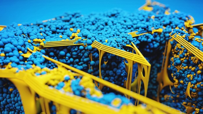 Abstract blue and yellow spheres with yellow structures