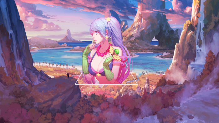 Sona from League of Legends in a tropical landscape