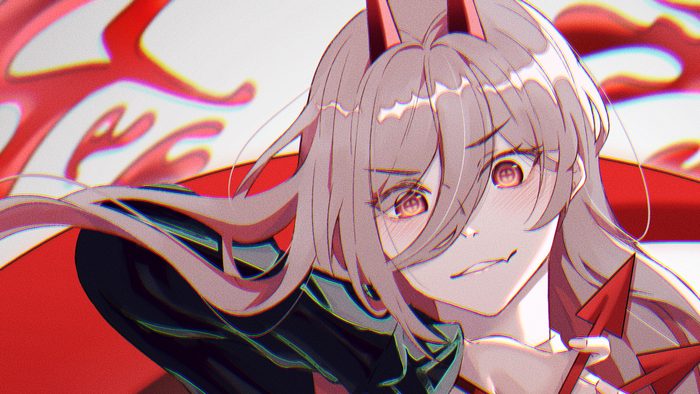 Power from Chainsaw Man with red eyes and horns