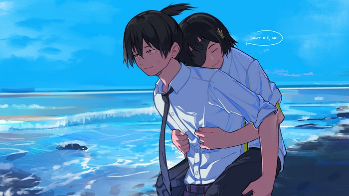 Aki Hayakawa and Himeno from Chainsaw Man on the beach