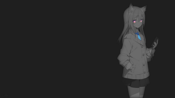 Anime girl with animal ears and pink eyes holding a phone