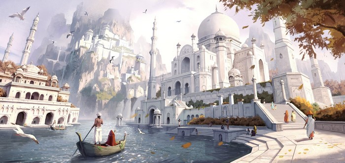 White palace architecture by a river with birds and boats