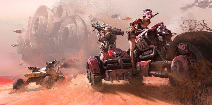 Women in desert buggies with rocket launchers