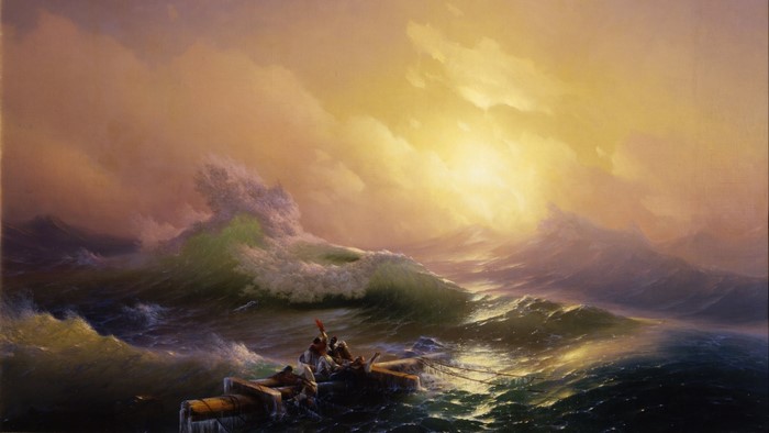 A boat in stormy seas with dramatic sunlight