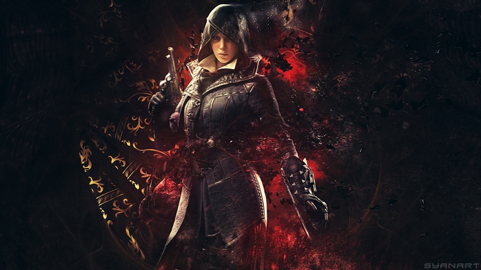 Evie Frye holding a pistol with red and black background