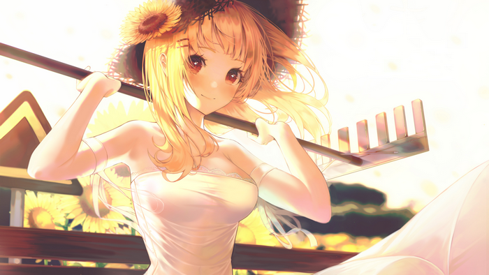 Anime girl with sunflowers and rake