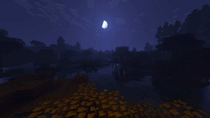 Minecraft night scene with moon over a swamp