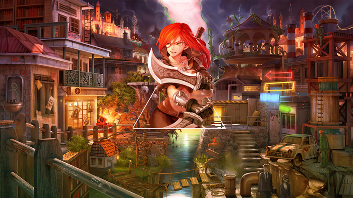 Katarina from League of Legends in a stylized city