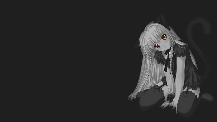 Anime girl with neko ears and yellow eyes kneeling
