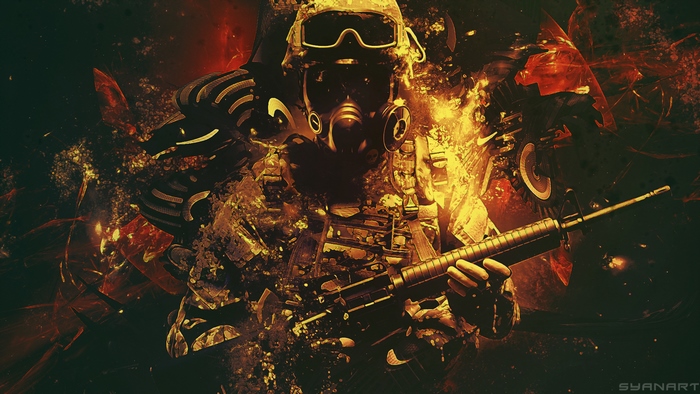 Soldier with gas mask and rifle in explosion