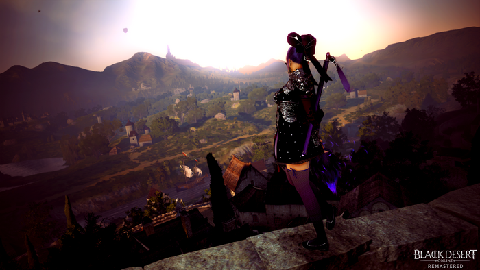 Woman in Black Desert Online Remastered overlooking a village