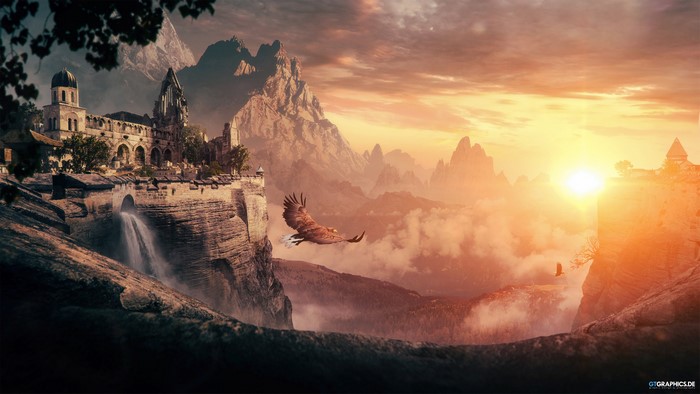 Fantasy castle with waterfall and eagle at sunset