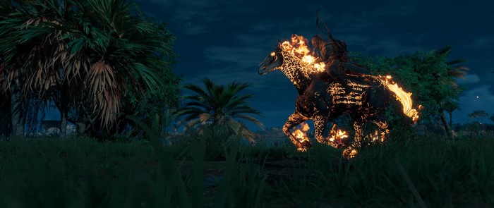 Bayek riding a flaming horse in Assassin's Creed: Origins
