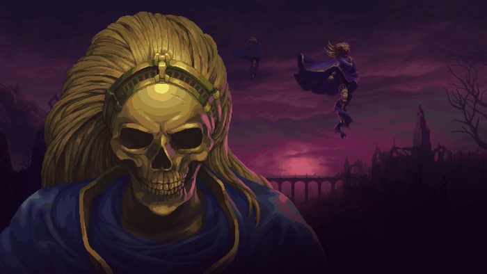 Pixel art of a golden skull character from Blasphemous